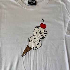 All white ice cream dice. Ice cream tee size medium.